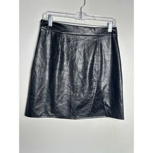 Windsor Black Faux Leather Mini Skirt Lace Inset Slit Size Large Goth Party Chic